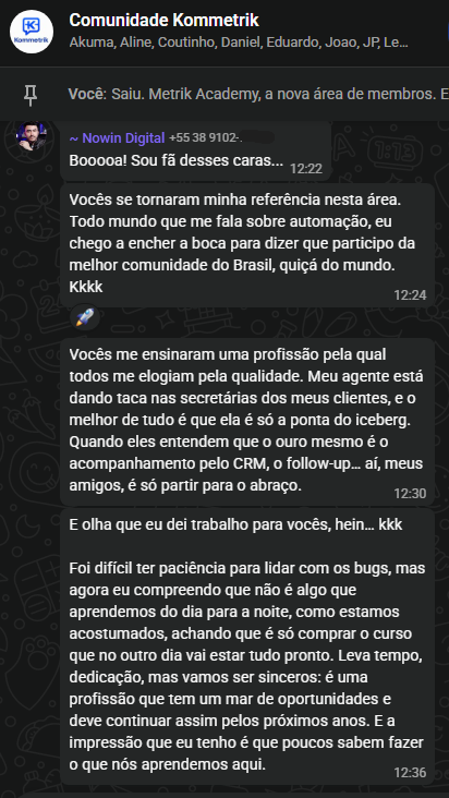 Depoimento de membro da comunidade Metrik 1