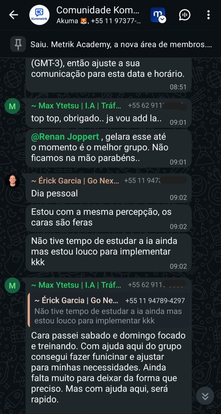 Depoimento de membro da comunidade Metrik 5